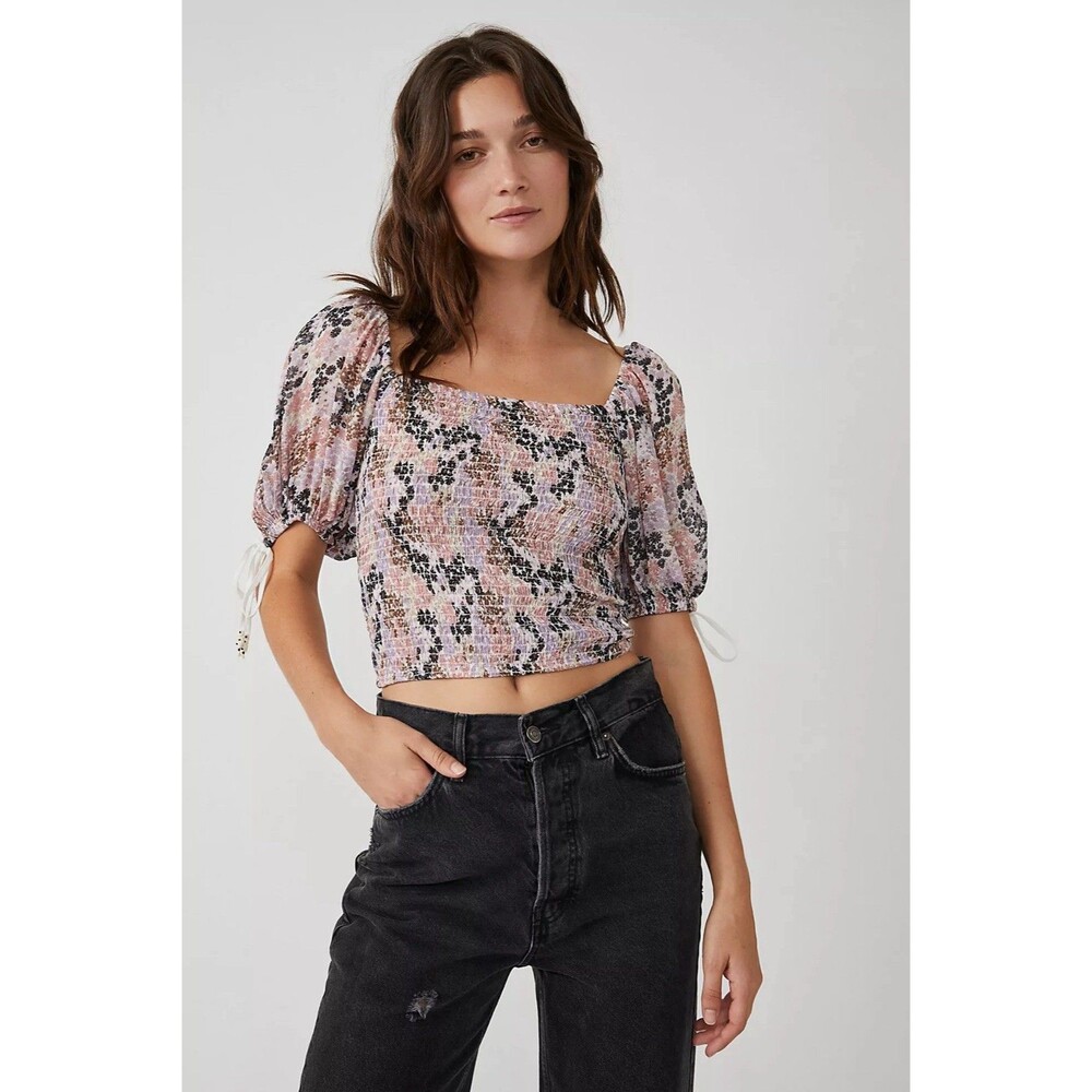 Free People Smocked Puff Sleeve Floral Boho Crop Blouse Top Size Small